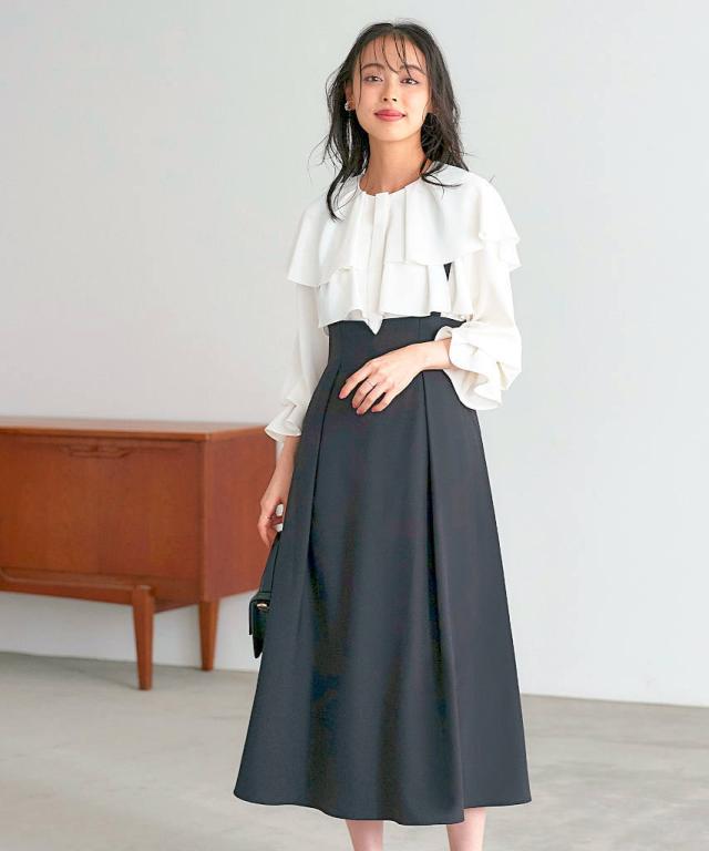 ルイルエブティック（RUIRUE BOUTIQUE）/ケープカラーフリルブラウス＆ハイウエストジャンパースカートセットの通販は