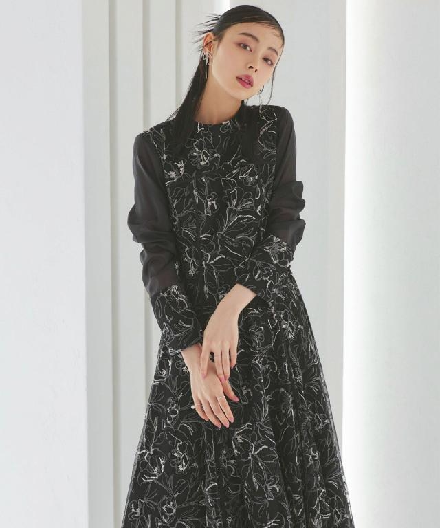 RUIRUE BOUTIQUE 配色刺繍フレアワンピースドレス ルイルエブティック RUIRUE BOUTIQUE 配色刺繍フレアワンピース