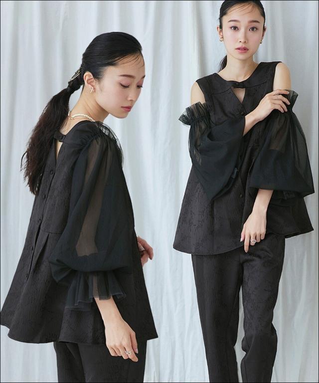 ルイルエブティック（RUIRUE BOUTIQUE）/【前後2way/洗える】ジャカードタックフレアトップス＆テーパードパンツドレス（チュールつけ…