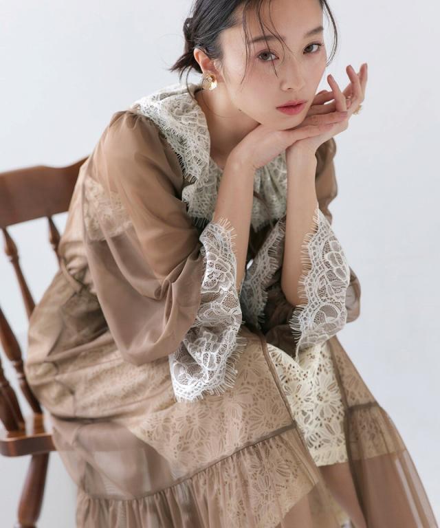 ルイルエブティック（RUIRUE BOUTIQUE）/ベルト付き シアーチュールガウン×レースキャミドレス