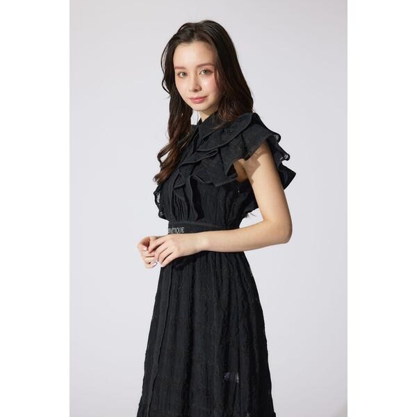 rienda 配色ロゴダブルフリルティアードワンピース　ブラック Mサイズ リエンダ（rienda）/配色ロゴダブルフリルティアードワンピース