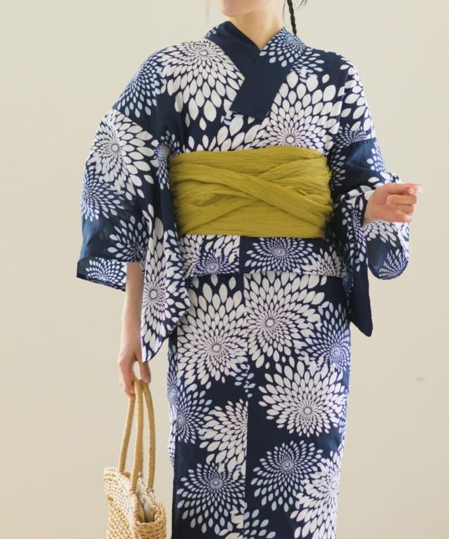 リブルーム（Rebloom）/浴衣4点セット 紺菊華 (浴衣 兵児帯 腰紐2本)