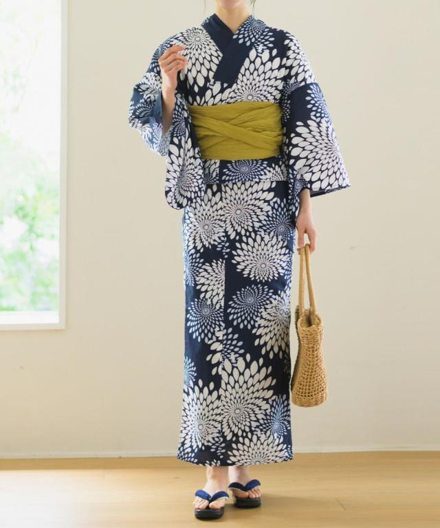 リブルーム（Rebloom）/下駄つき浴衣5点セット 紺菊華 (浴衣 兵児帯 腰紐2本 下駄)