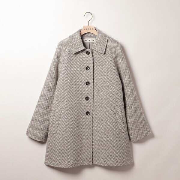 32 【SCAPA】 スキャパ ノーカラー ツイード コート ジャケット