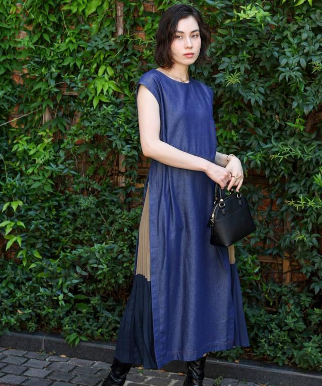 ブージュルード（Bou Jeloud）/デニムプリーツ配色ワンピース