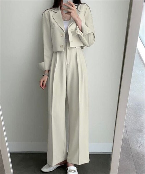 テディショップ/レディース 半袖クロップド丈ジャケット+タックパンツ 上下セットアップ テディショップ/レディース 半袖クロップド丈ジャケット+タックパンツ