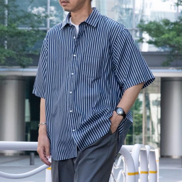 自由区 ストライプ 半袖シャツ ネイビー 44 シップス エニィ（SHIPS any）/SHIPS any: リラックス ブルー