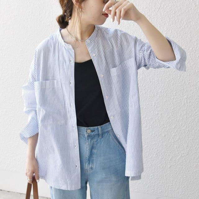 美品 シップスエニィ SHIPS any リネン スタンドカラーストライプシャツ 美品 シップスエニィ SHIPS any リネン スタンドカラー