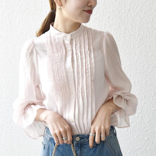 シップス エニィ（SHIPS any）/《予約》SHIPS any:〈手洗い可能〉シアー フリル バンドカラー シャツ ブラウス