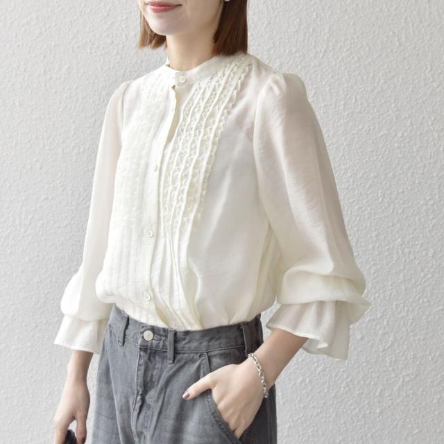 シップス エニィ（SHIPS any）/《予約》SHIPS any:〈手洗い可能〉シアー フリル バンドカラー シャツ ブラウス