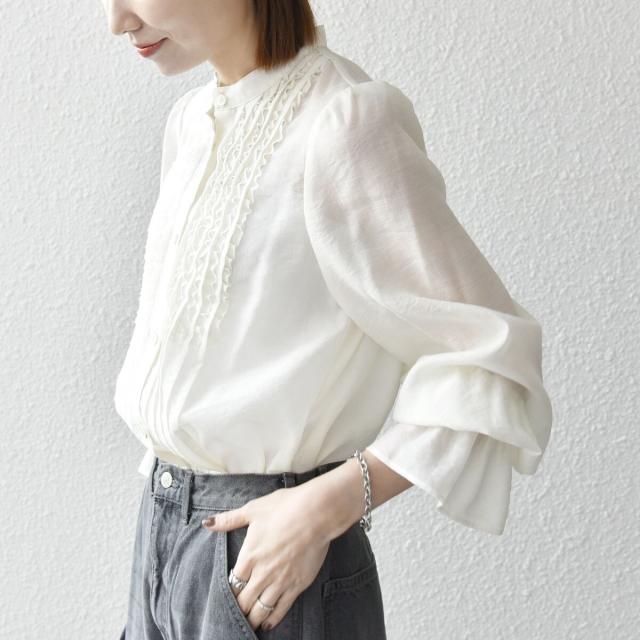 シップス エニィ（SHIPS any）/《予約》SHIPS any:〈手洗い可能〉シアー フリル バンドカラー シャツ ブラウス