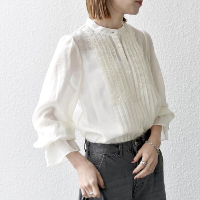 シップス エニィ（SHIPS any）/《予約》SHIPS any:〈手洗い可能〉シアー フリル バンドカラー シャツ ブラウス