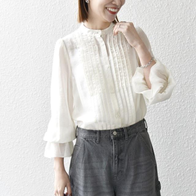 シップス エニィ（SHIPS any）/《予約》SHIPS any:〈手洗い可能〉シアー フリル バンドカラー シャツ ブラウス