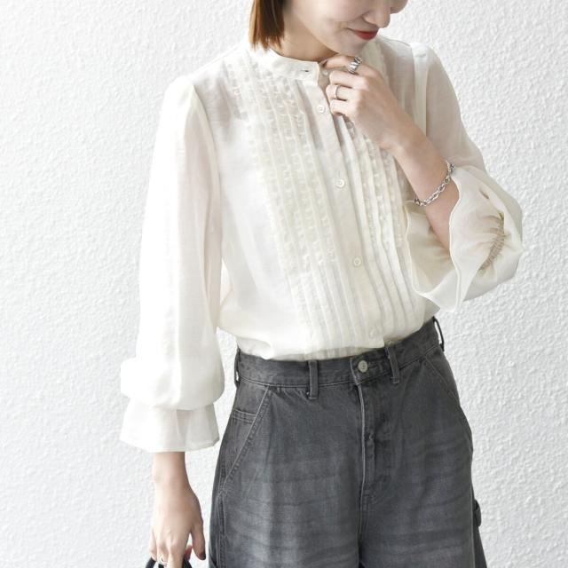 シップス エニィ（SHIPS any）/《予約》SHIPS any:〈手洗い可能〉シアー フリル バンドカラー シャツ ブラウス