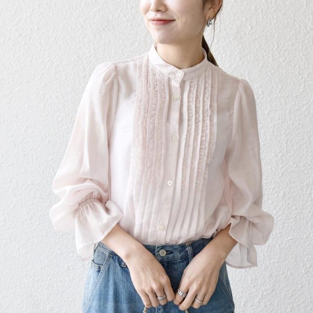 シップス エニィ（SHIPS any）/《予約》SHIPS any:〈手洗い可能〉シアー フリル バンドカラー シャツ ブラウス