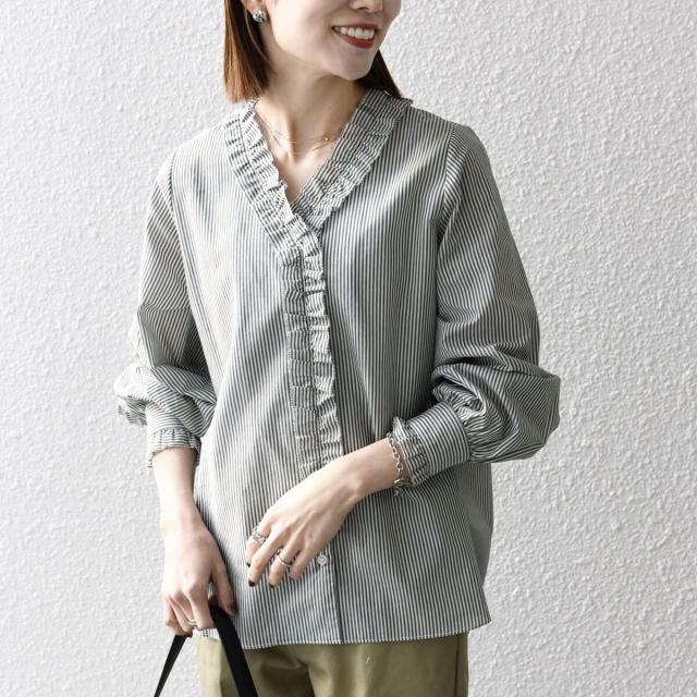 シップス エニィ（SHIPS any）/《追加予約》SHIPS any:〈手洗い可能〉ストライプ フリル Vネック シャツ ブラウス