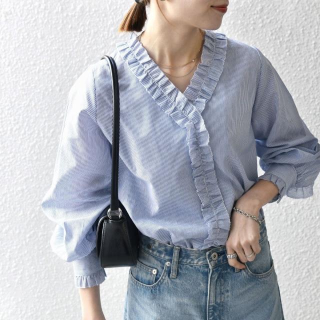 シップス エニィ（SHIPS any）/《追加予約》SHIPS any:〈手洗い可能〉ストライプ フリル Vネック シャツ ブラウス