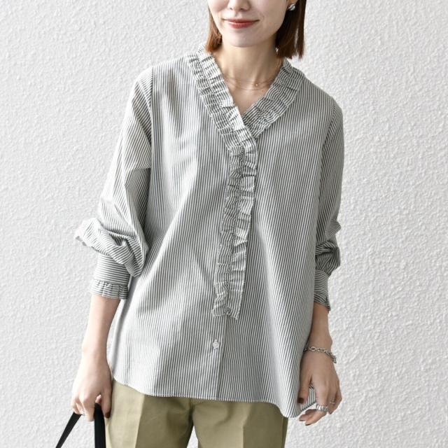 シップス エニィ（SHIPS any）/《追加予約》SHIPS any:〈手洗い可能〉ストライプ フリル Vネック シャツ ブラウス