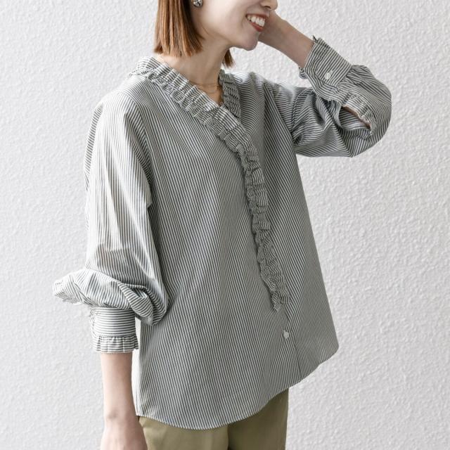 シップス エニィ（SHIPS any）/《追加予約》SHIPS any:〈手洗い可能〉ストライプ フリル Vネック シャツ ブラウス