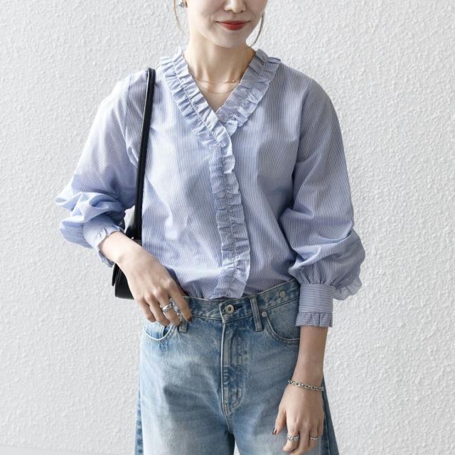 シップス エニィ（SHIPS any）/《追加予約》SHIPS any:〈手洗い可能〉ストライプ フリル Vネック シャツ ブラウス