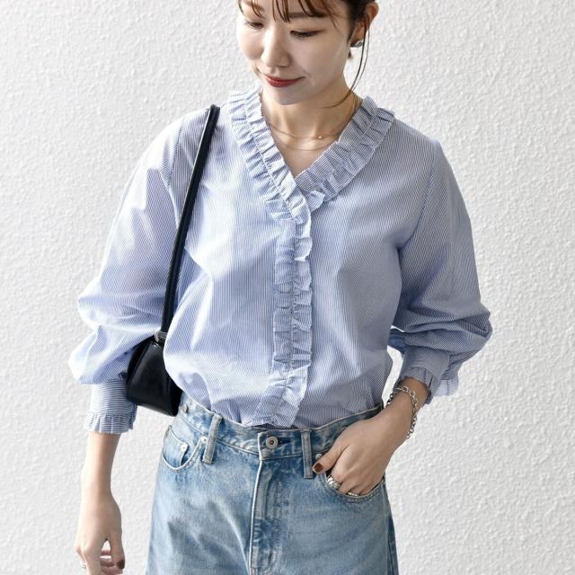 シップス エニィ（SHIPS any）/《追加予約》SHIPS any:〈手洗い可能〉ストライプ フリル Vネック シャツ ブラウス