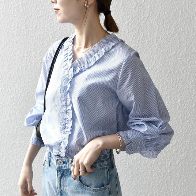 シップス エニィ（SHIPS any）/《追加予約》SHIPS any:〈手洗い可能〉ストライプ フリル Vネック シャツ ブラウス