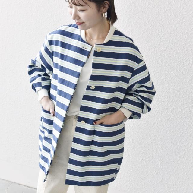 シップス エニィ（SHIPS any）/SHIPS any:キャンバス ボーダー コクーン ノーカラー コート