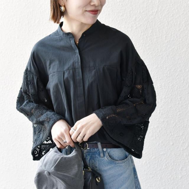 SHIPS for women / シップスウィメン SHIPS any:〈手洗い可能〉パッチワーク レース スリーブ バンドカラー シャツ SHIPS｜SHIPS any:<手洗い可能>パッチワーク レース スリーブ