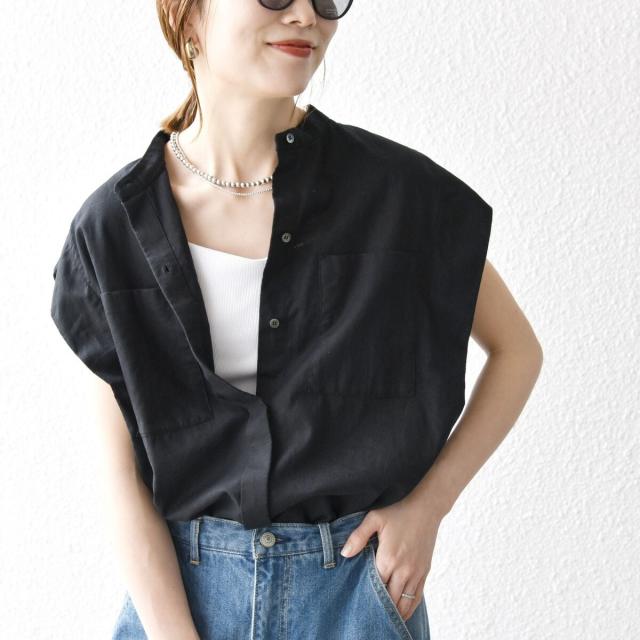 シップス エニィ（SHIPS any）/SHIPS any:〈洗濯機可能〉リネン コットン バンドカラー フレンチスリーブ ポケット シャツ