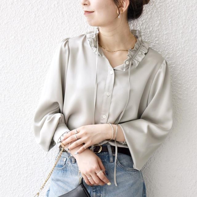 シップス エニィ（SHIPS any）/《一部追加予約》SHIPS any:〈洗濯機可能〉サテン フリル カラー リボン シャツ ブラウス