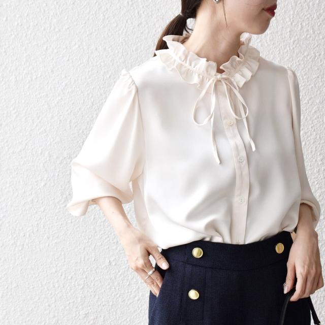 シップス エニィ（SHIPS any）/《一部追加予約》SHIPS any:〈洗濯機可能〉サテン フリル カラー リボン シャツ ブラウス