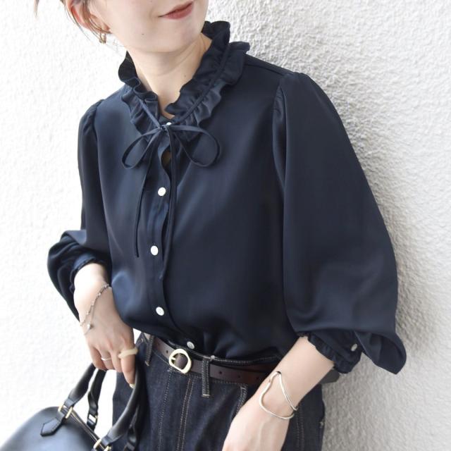 シップス エニィ（SHIPS any）/《一部追加予約》SHIPS any:〈洗濯機可能〉サテン フリル カラー リボン シャツ ブラウス