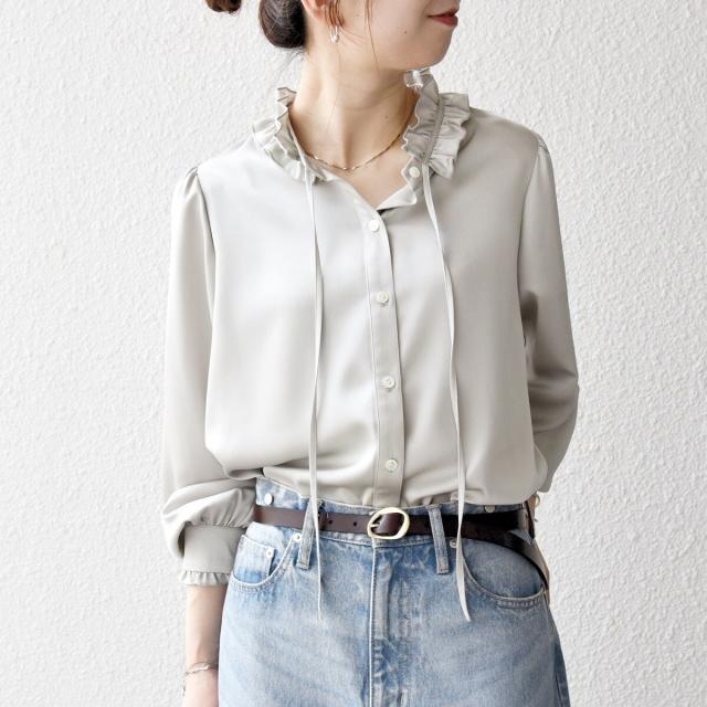 シップス エニィ（SHIPS any）/《一部追加予約》SHIPS any:〈洗濯機可能〉サテン フリル カラー リボン シャツ ブラウス