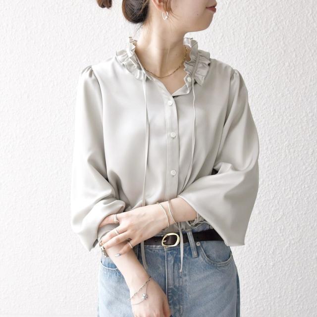 シップス エニィ（SHIPS any）/《一部追加予約》SHIPS any:〈洗濯機可能〉サテン フリル カラー リボン シャツ ブラウス