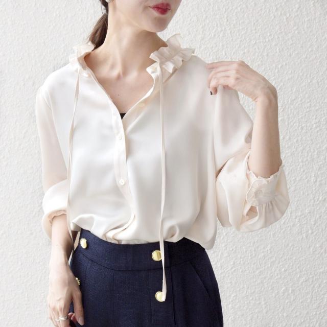 シップス エニィ（SHIPS any）/《一部追加予約》SHIPS any:〈洗濯機可能〉サテン フリル カラー リボン シャツ ブラウス