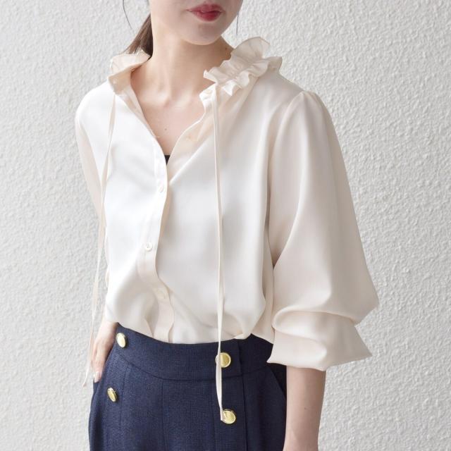 シップス エニィ（SHIPS any）/《一部追加予約》SHIPS any:〈洗濯機可能〉サテン フリル カラー リボン シャツ ブラウス