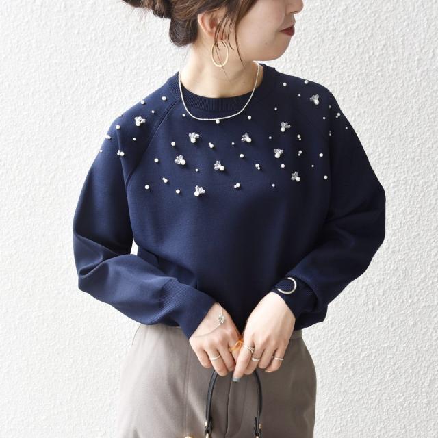 シップス エニィ（SHIPS any）/SHIPS any:〈手洗い可能〉パールモチーフ ビジュー クルーネック ニット