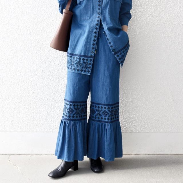 シップス エニィ（SHIPS any）/bon_meur:〈洗濯機可能〉エンブロイダリー ギャザー フレア デニム イージー パンツ