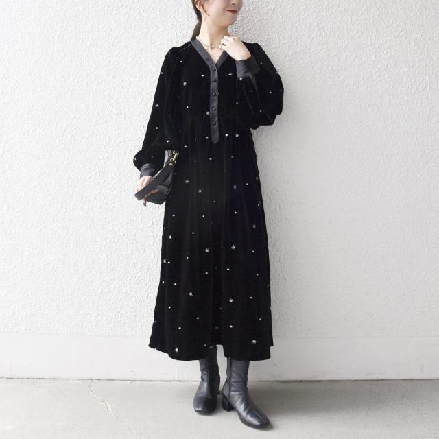シップス エニィ（SHIPS any）/SHIPS any:〈手洗い可能〉ポリエステル ベロア 刺繍 タック フレア ワンピース