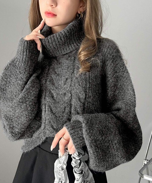 クラシカルエルフ（Classical Elf）/【mily bilet】カジュアルだけど可愛い。メランジケーブル柄ボリュームスリーブハイネックニットの通販は 6,999円