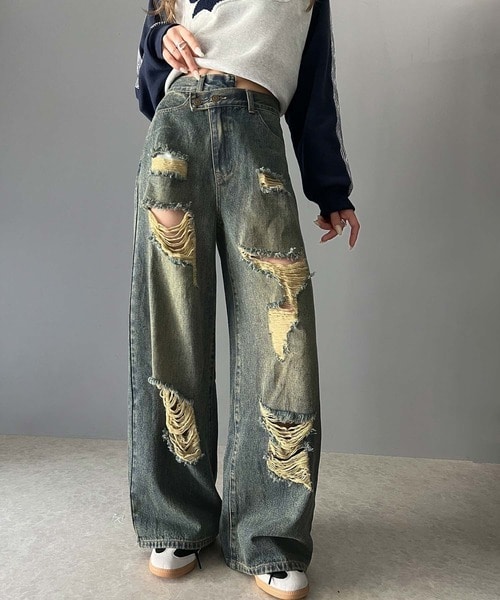 クラシカルエルフ（Classical Elf）/《Javaジャバコラボ》アシメトリーウエストデザインクラッシュ加工ダメージワイドデニムパンツの通販は 5,402円