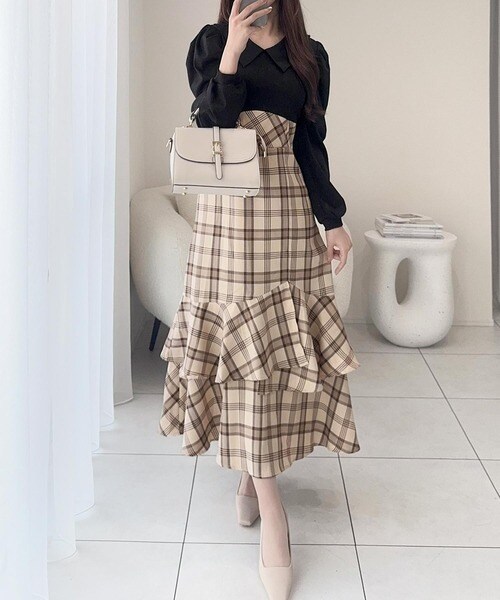 クラシカルエルフ（Classical Elf）/25AW新作【mily bilet】シャツ襟チェックアシメフリルドッキングロングワンピース（長袖）