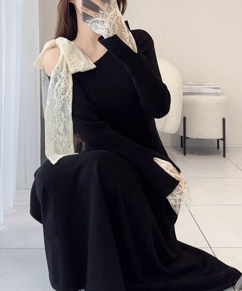 クラシカルエルフ（Classical Elf）/25AW新作【mily bilet】華やかリボン◎レースリボン使いワンオフショルニットワンピース