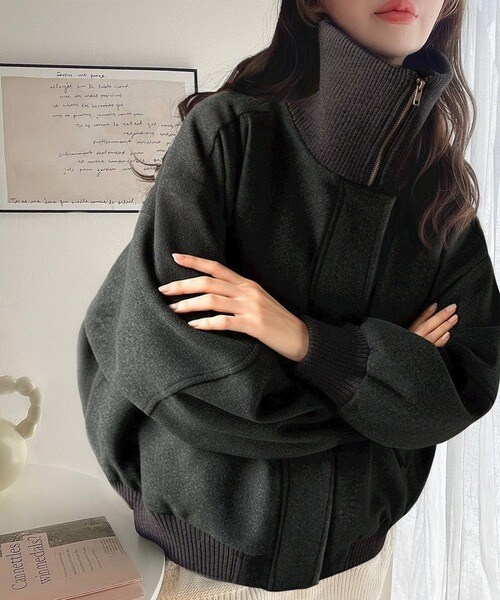 クラシカルエルフ（Classical Elf）/《JaVaジャバコラボ》デイリーに輝く一着！ 襟リブニットメルトン比翼ブルゾン オーバーサイズ