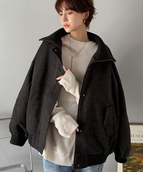 クラシカルエルフ（Classical Elf）/《JaVaジャバコラボ》デイリーに輝く一着！ 襟リブニットメルトン比翼ブルゾン オーバーサイズ