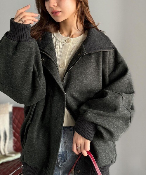 クラシカルエルフ（Classical Elf）/《JaVaジャバコラボ》デイリーに輝く一着！ 襟リブニットメルトン比翼ブルゾン オーバーサイズ