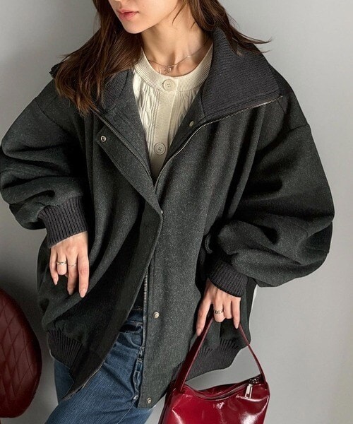 クラシカルエルフ（Classical Elf）/《JaVaジャバコラボ》デイリーに輝く一着！ 襟リブニットメルトン比翼ブルゾン オーバーサイズ