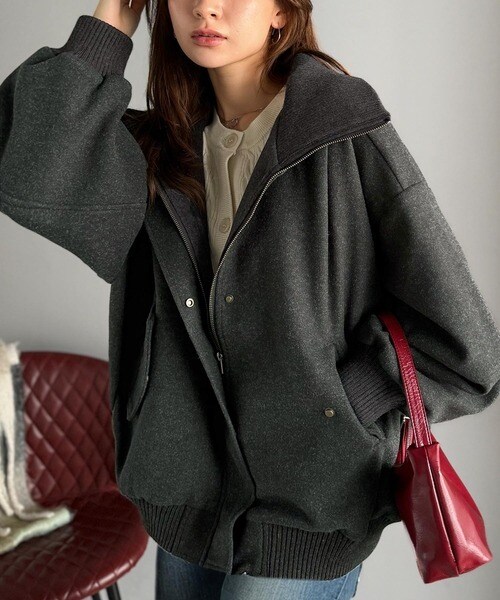 クラシカルエルフ（Classical Elf）/《JaVaジャバコラボ》デイリーに輝く一着！ 襟リブニットメルトン比翼ブルゾン オーバーサイズ