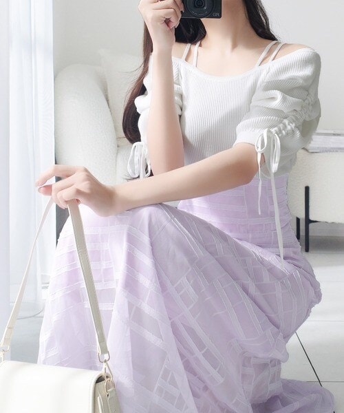 【NEW】クラシカルエルフ（Classical Elf）/【mily bilet】1枚で映える主役級。オフショル2wayパフ袖リボンニットドッキングワンピース