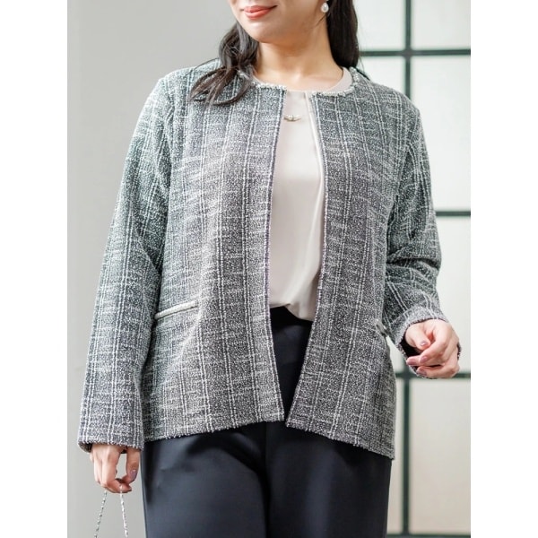 リジェイ＆スプル（Re−J&SUPURE）/パール付きチェックツイードノーカラージャケットの通販は